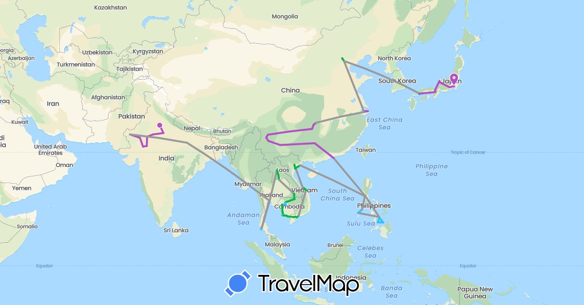 TravelMap itinerary: bus, plane, train, boat in China, India, Japan, Cambodia, Laos, Philippines, Thailand, Vietnam (Asia)